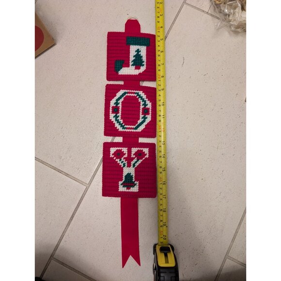 Vintage Handmade Christmas Wall Décor Set (Plastic Canvas JOY + Crocheted Santa) - Picture 7 of 8